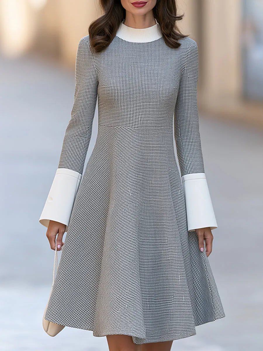 Houndstooth Color Block Flared Midi Dress With Ribbed Mock Neck