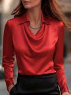 Elegant White Satin Blouse with Draped Neckline