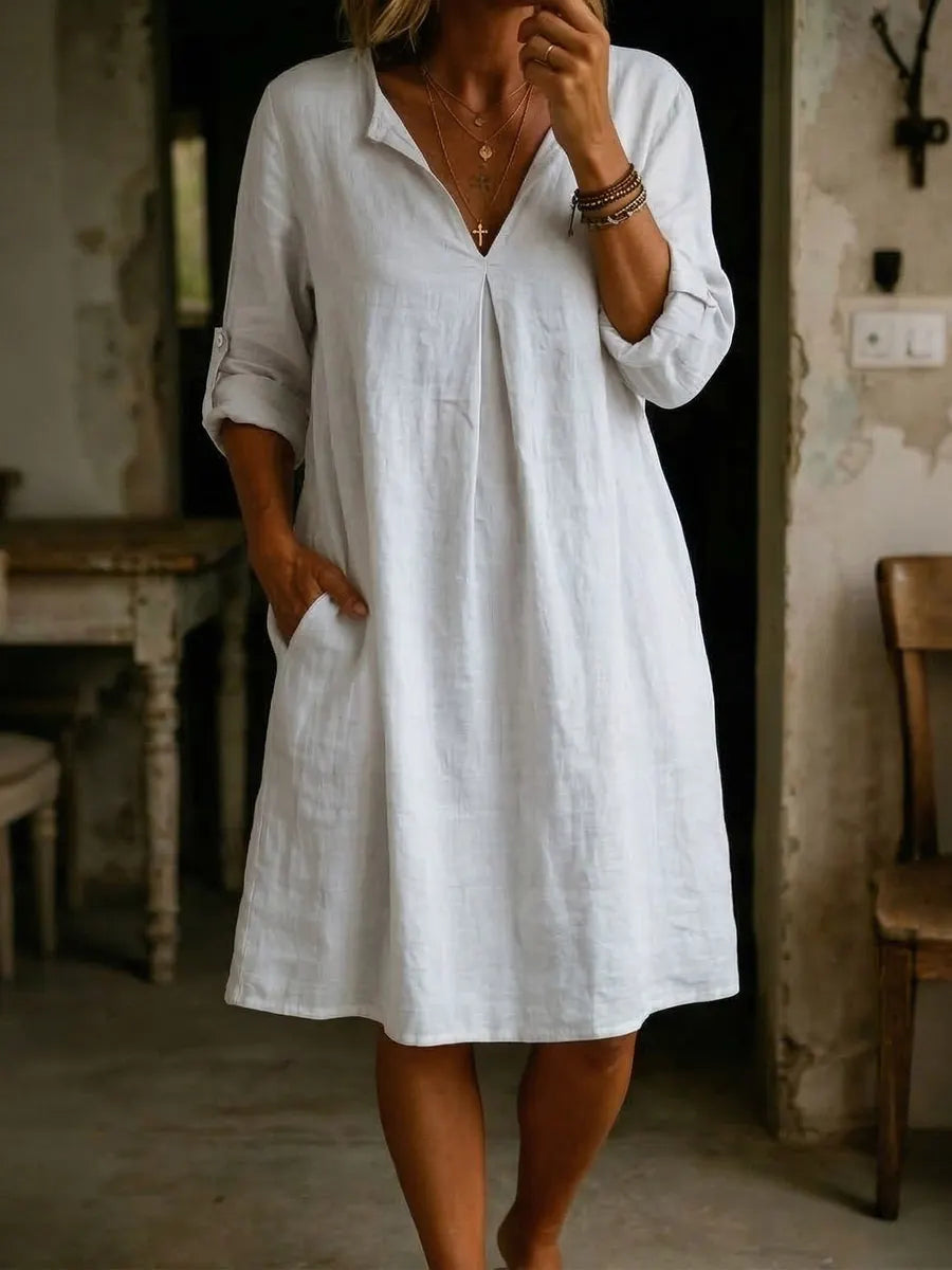 Women's V-neck Pleated Long-sleeve Dress
