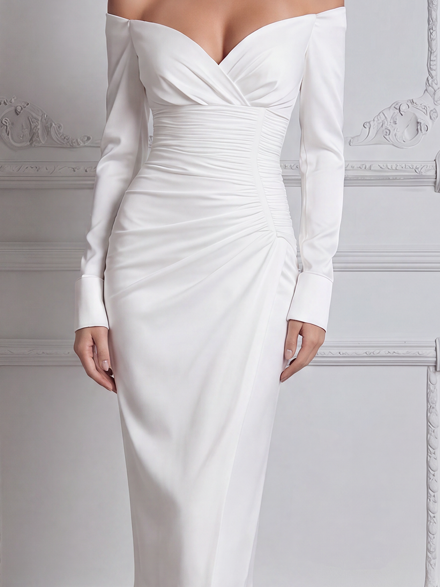 White Dress Off Shoulder Ruched Wrap Pencil Midi Dress