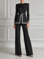Black Contrast Stripe Belted Peplum Top & Flare Pants Set