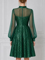 Emerald Green Sequin Sheer Puff Sleeve A-Line Mini Dress