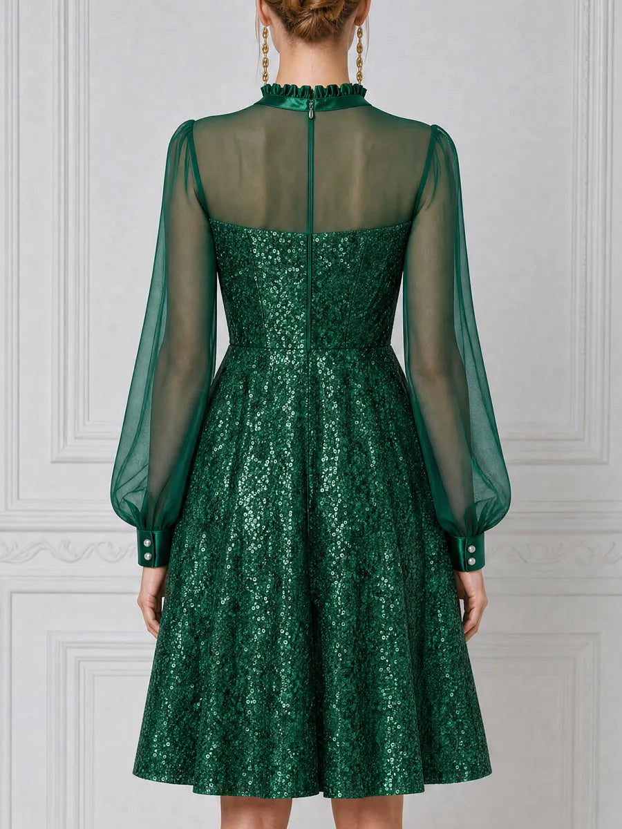Emerald Green Sequin Sheer Puff Sleeve A-Line Mini Dress