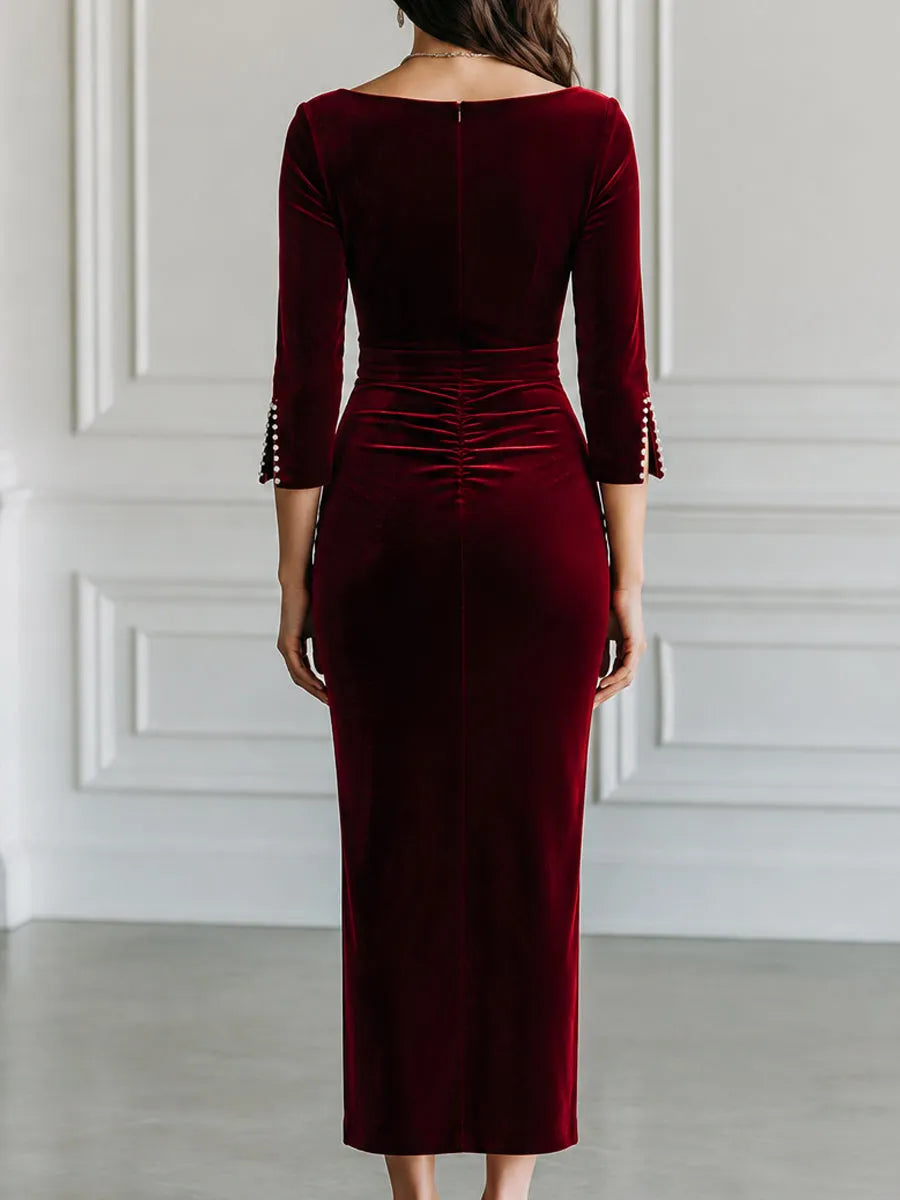 Velvet Boat Neck Pearl Cuff Slit Midi Bodycon Dress