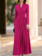 Pleated Draped Long Sleeve A-Line Maxi Dress
