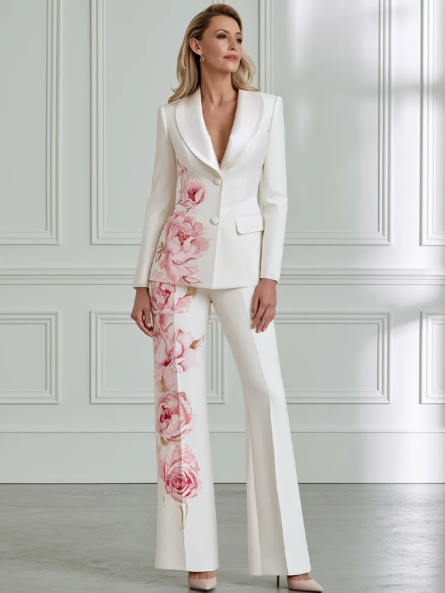 Watercolor Rose Print Tailored Blazer And Flared Trouser Two-Piece Set