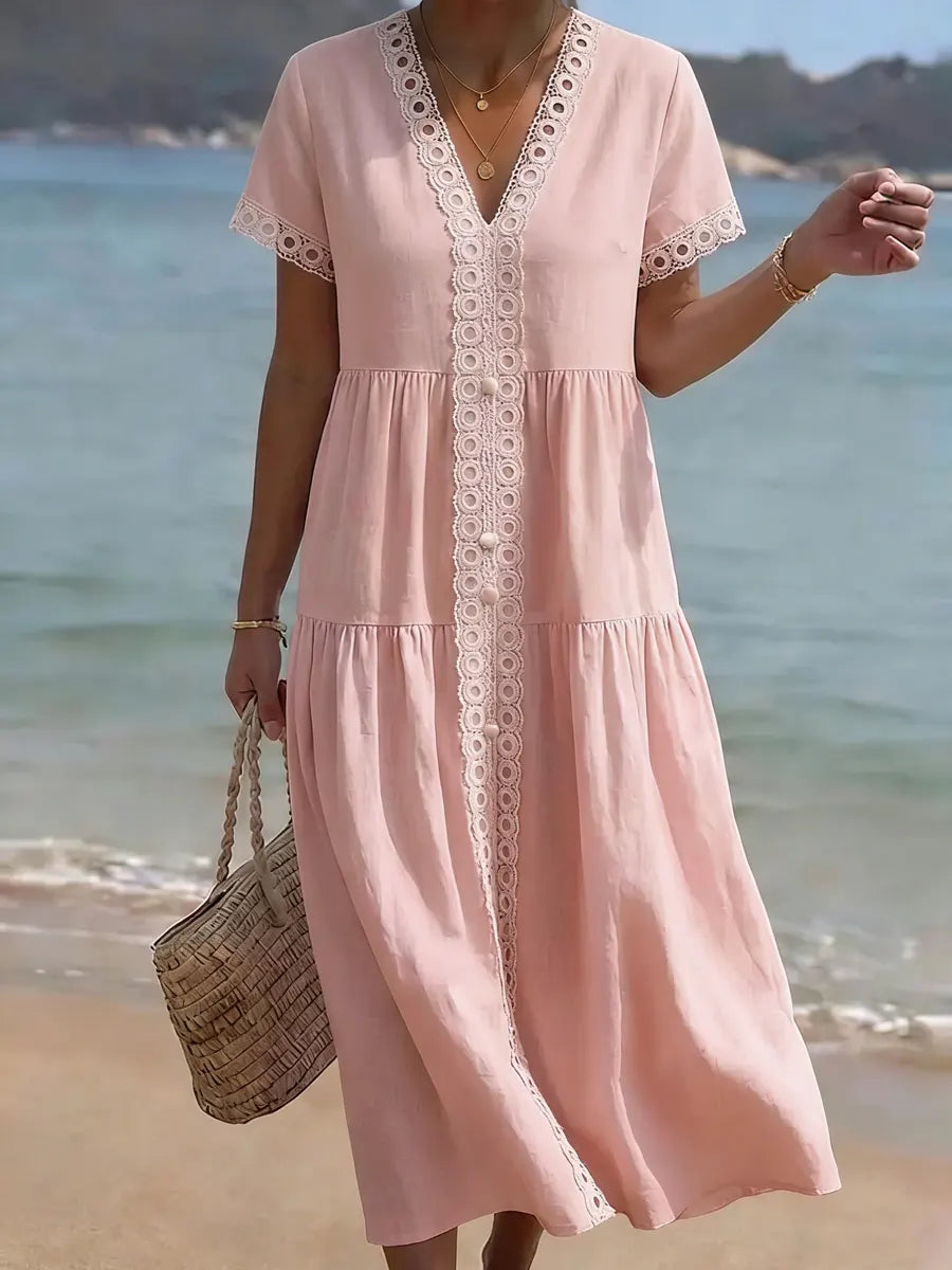Women's Simple Lace-trim Cotton And Linen Dress