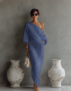 Women's Ivory White Cotton-Linen Blend One-Shoulder Flowing Elegant Dress
