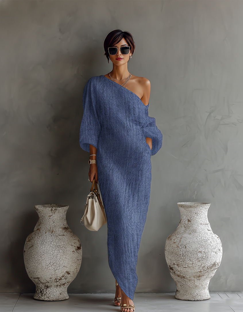 Women's Ivory White Cotton-Linen Blend One-Shoulder Flowing Elegant Dress