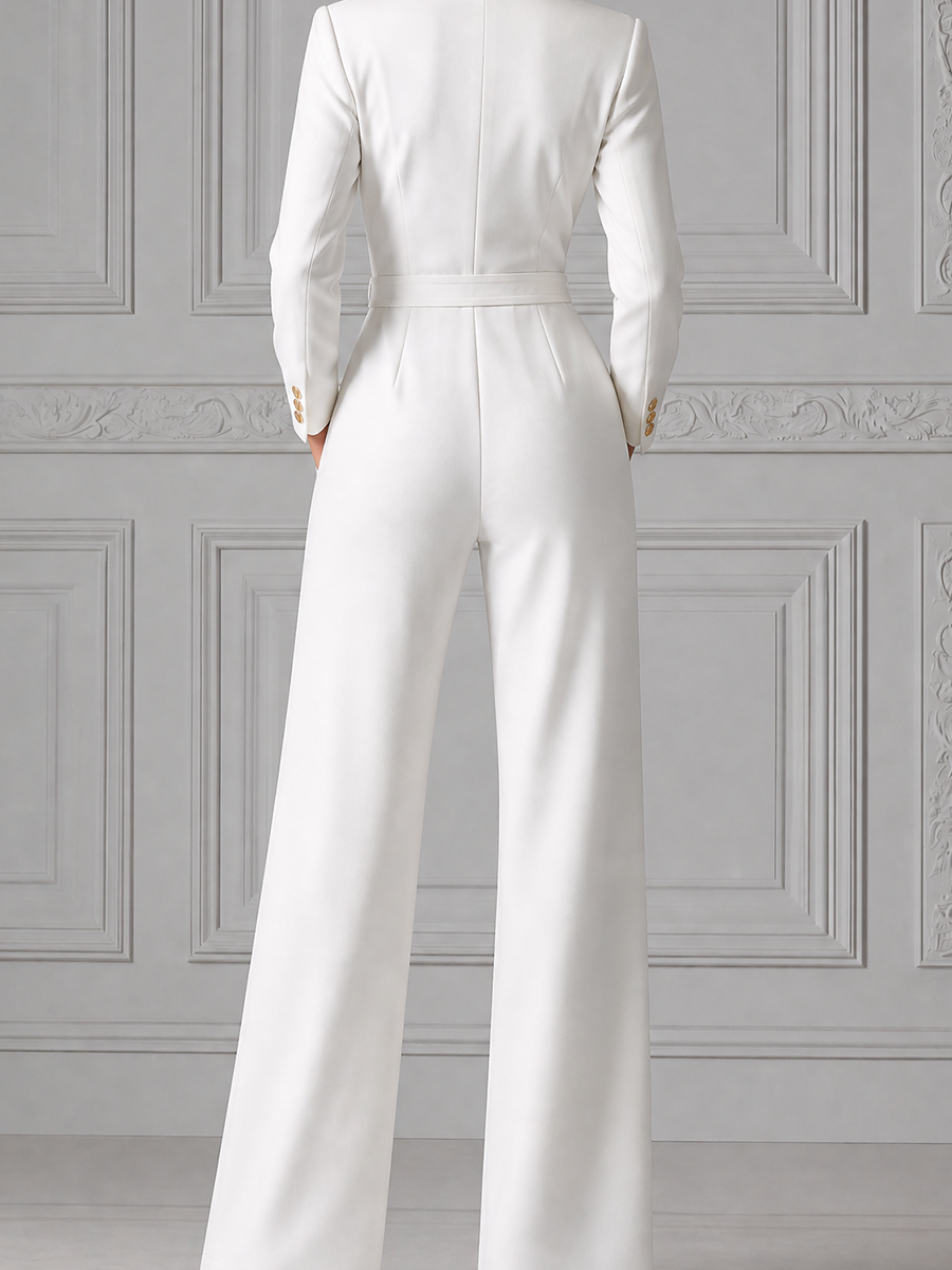 Autumn Chic White Tailored Wide-Leg Jumpsuit With Tie-Waist