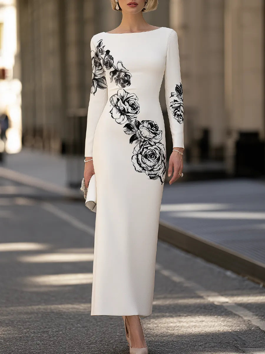 Women's Rose Floral Print Long Sleeve Bateau Neck Bodycon Maxi Dress