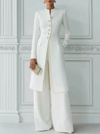 Stand Collar Gold Button Longline Blazer & Wide-Leg Pants Two-Piece Suit Set