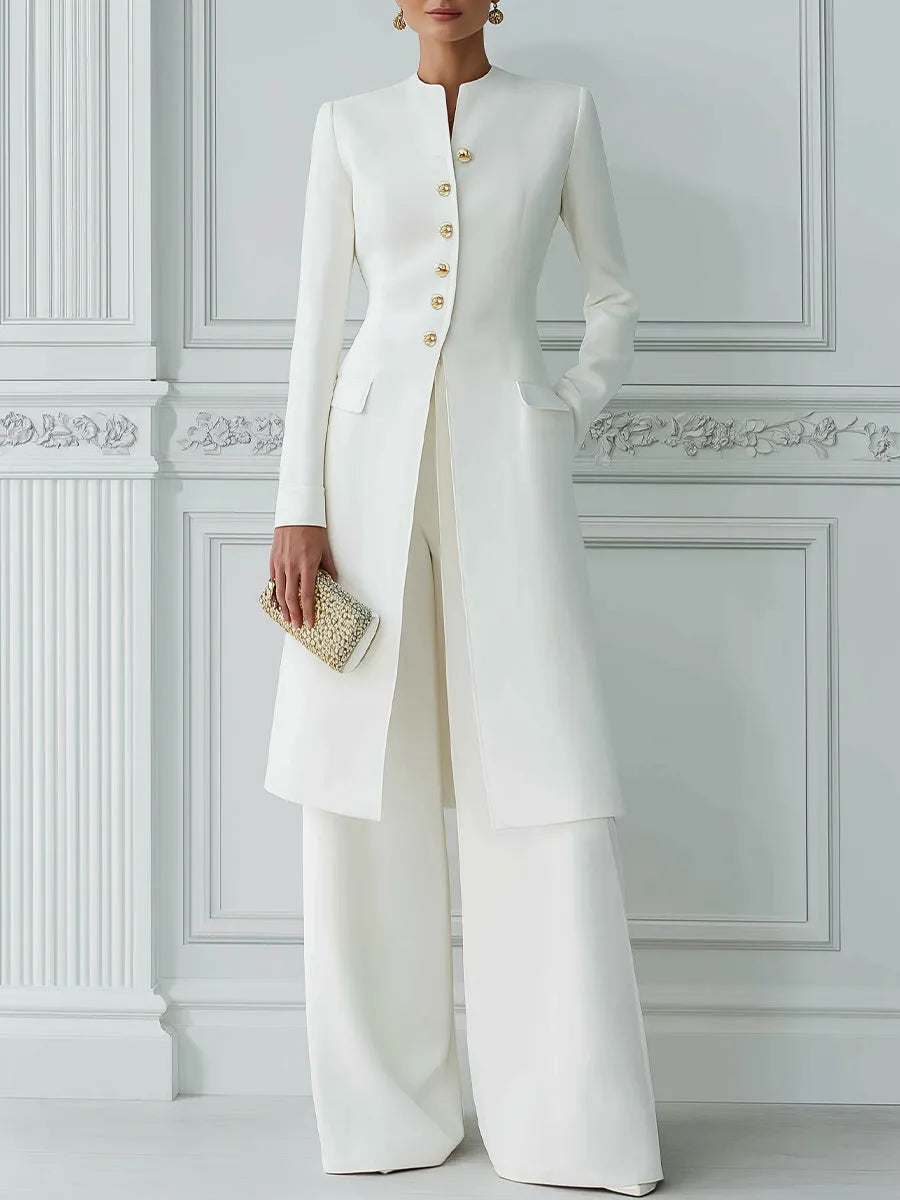 Stand Collar Gold Button Longline Blazer & Wide-Leg Pants Two-Piece Suit Set