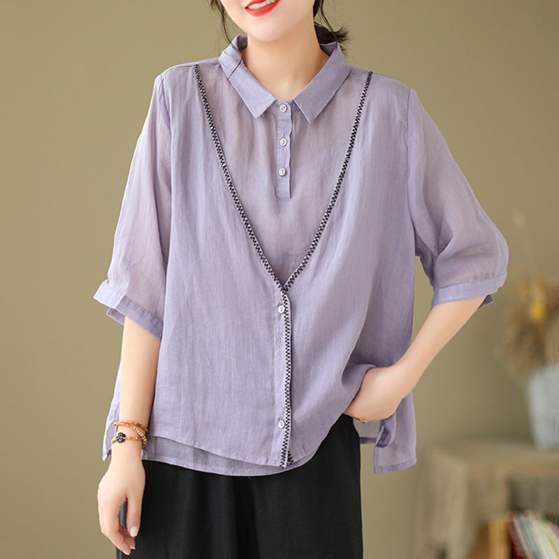 Women's Embroidery Button Down Cotton Linen Casual Shirt