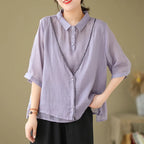 Women's Embroidery Button Down Cotton Linen Casual Shirt