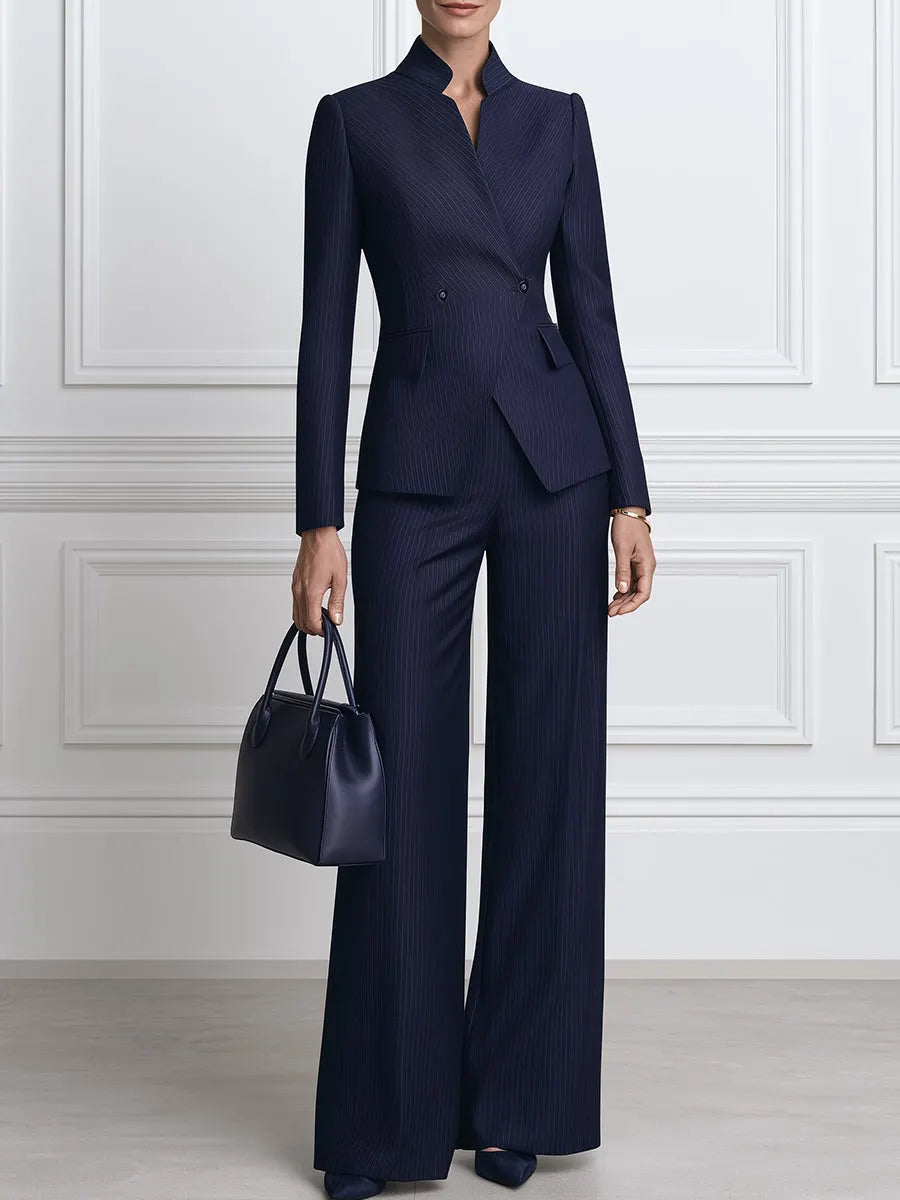 Pinstripe Blazer And Wide-Leg Trousers Suit Set