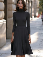 Elegant Turtleneck Knit Pleated Midi Dress