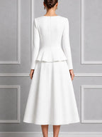 Ivory Round Neck Peplum Waist Pleated A-Line Midi Dress