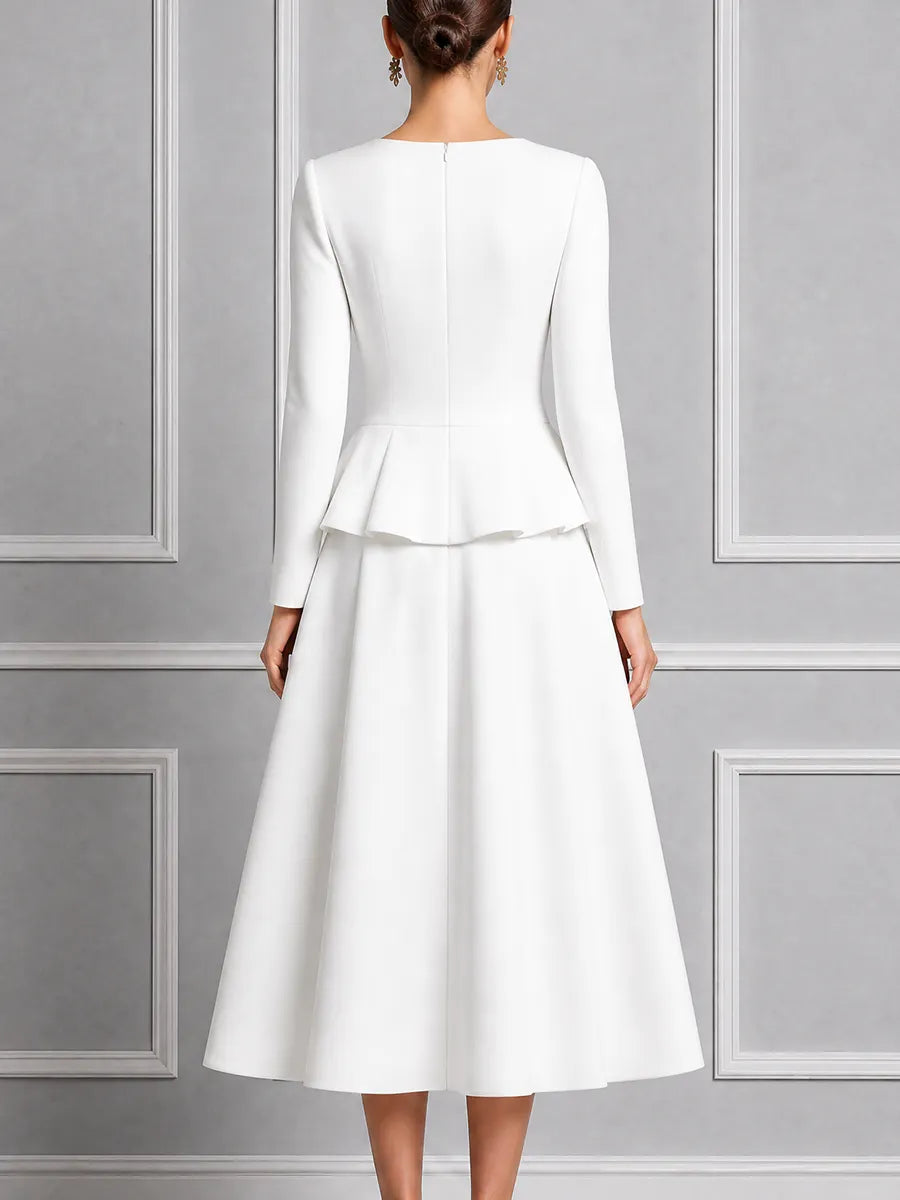 Ivory Round Neck Peplum Waist Pleated A-Line Midi Dress