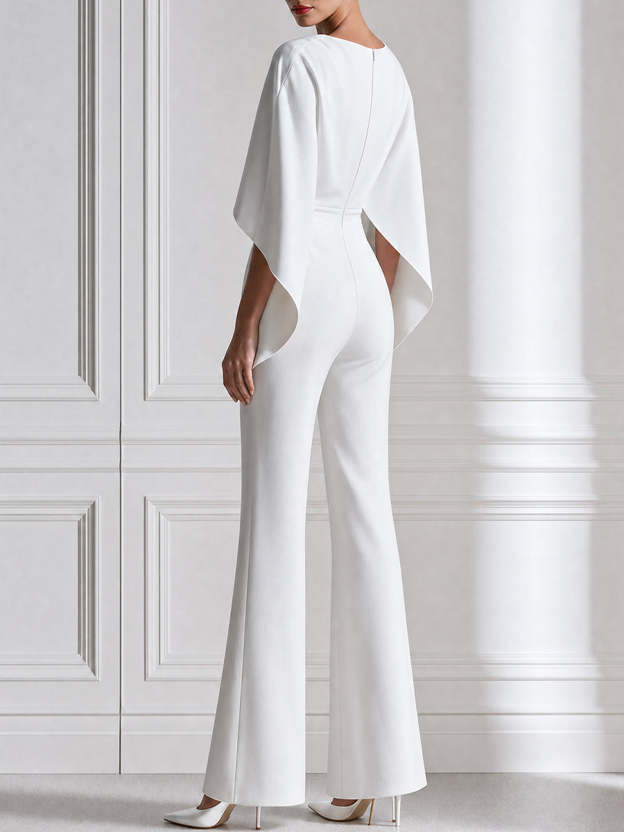 Draped Cape-Sleeve Deep V-Neck Wide Leg Jumpsuit