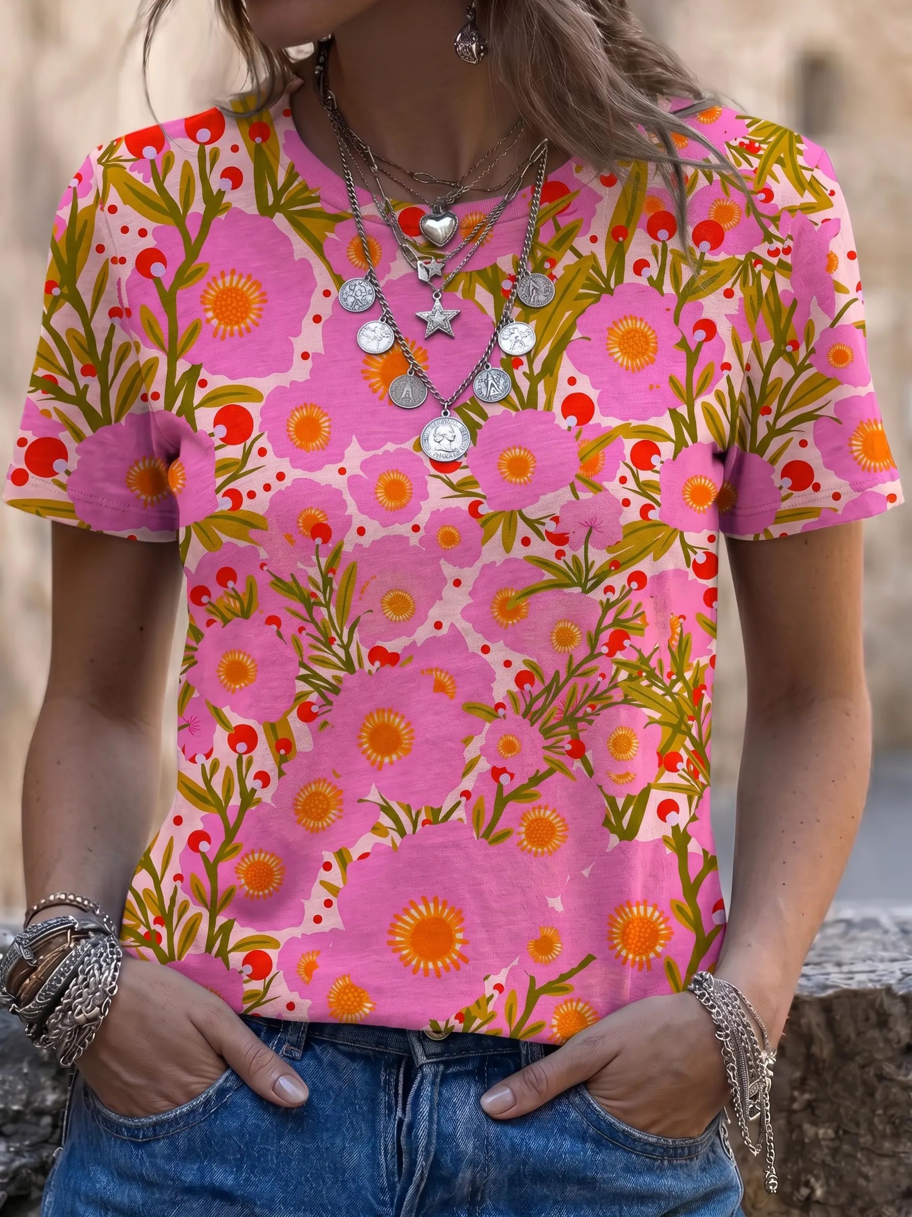 Polka Dot Floral Artistic Print Casual Round-neck Short-sleeve T-shirt