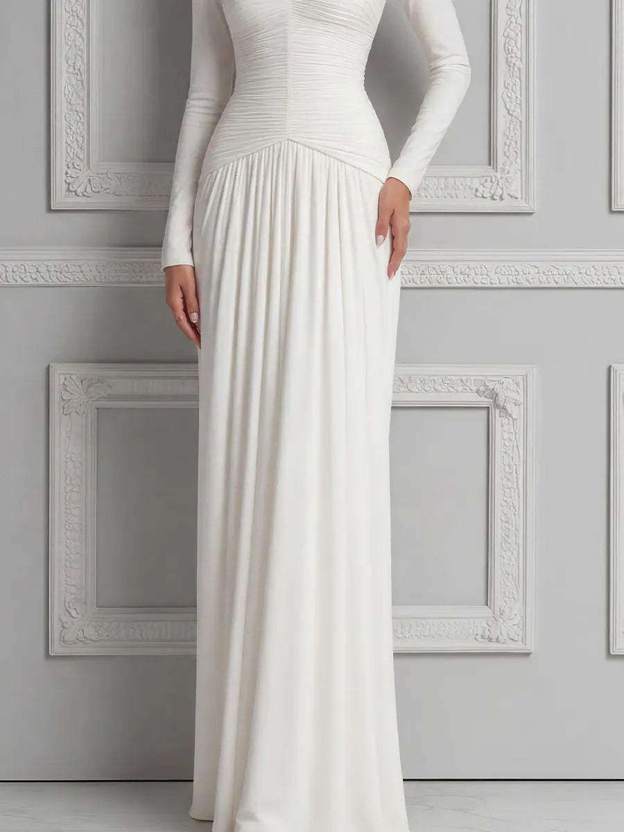 White Dress Sweetheart Neck Ruched Long Sleeve Maxi Dress