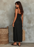 Women's Minimalist Pinstriped Frayed Edge SuspendersWith Slit Hem Maxi Dress