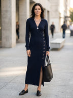 Women's Ribbed Knit Wrap Button Front Slit Midi Dress