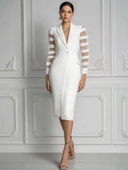 Sheer Panel Sleeve Tailored Blazer Midi Dress