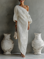 Women's Ivory White Cotton-Linen Blend One-Shoulder Flowing Elegant Dress