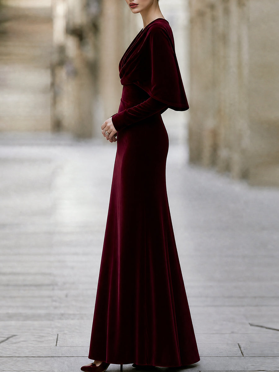 Elegant Velvet V-Neck Cape Sleeve Mermaid Evening Gown