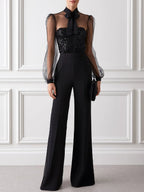 Sheer Mesh Long Sleeve Sequin Bodice Wide Leg Jumpsuit with Tie Neck