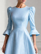 Elegant Puff Sleeves & Sheer Stripe Hem A-Line Midi Dress