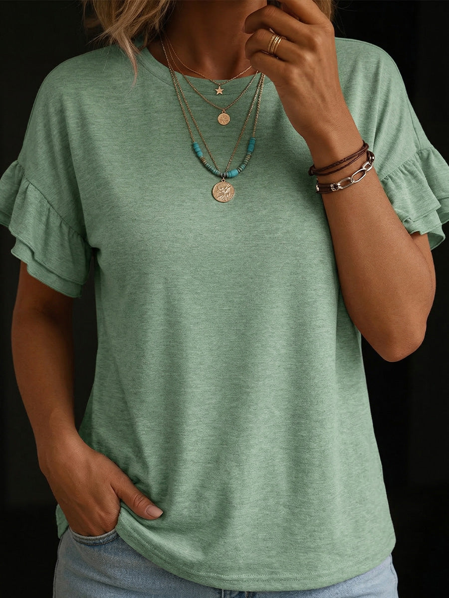 Women's Crew Neck Ruffle Sleeves Cotton Linen Top