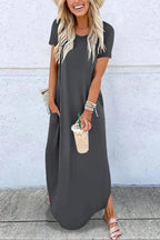 Women's Plain Pocket Round Neck Curved Hem Jersey Tee Dress Style