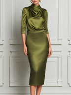 Olive Green Satin Draped Cowl Neck Pencil Midi Dress