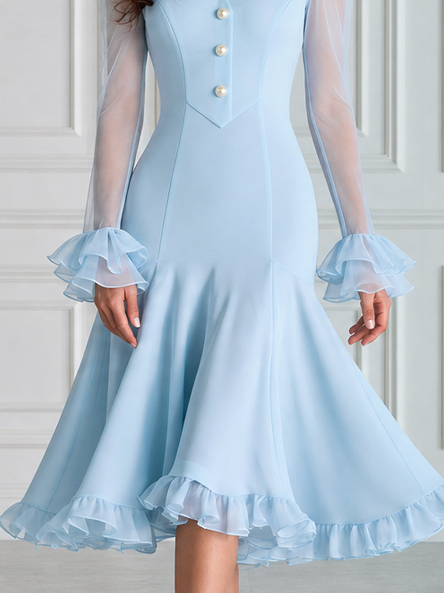 Romantic Sheer Mesh Flounce Sleeve Mermaid Midi Dress