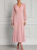 Pink Dress Fall Wedding Guest Dress Pleated Chiffon Maxi Dress