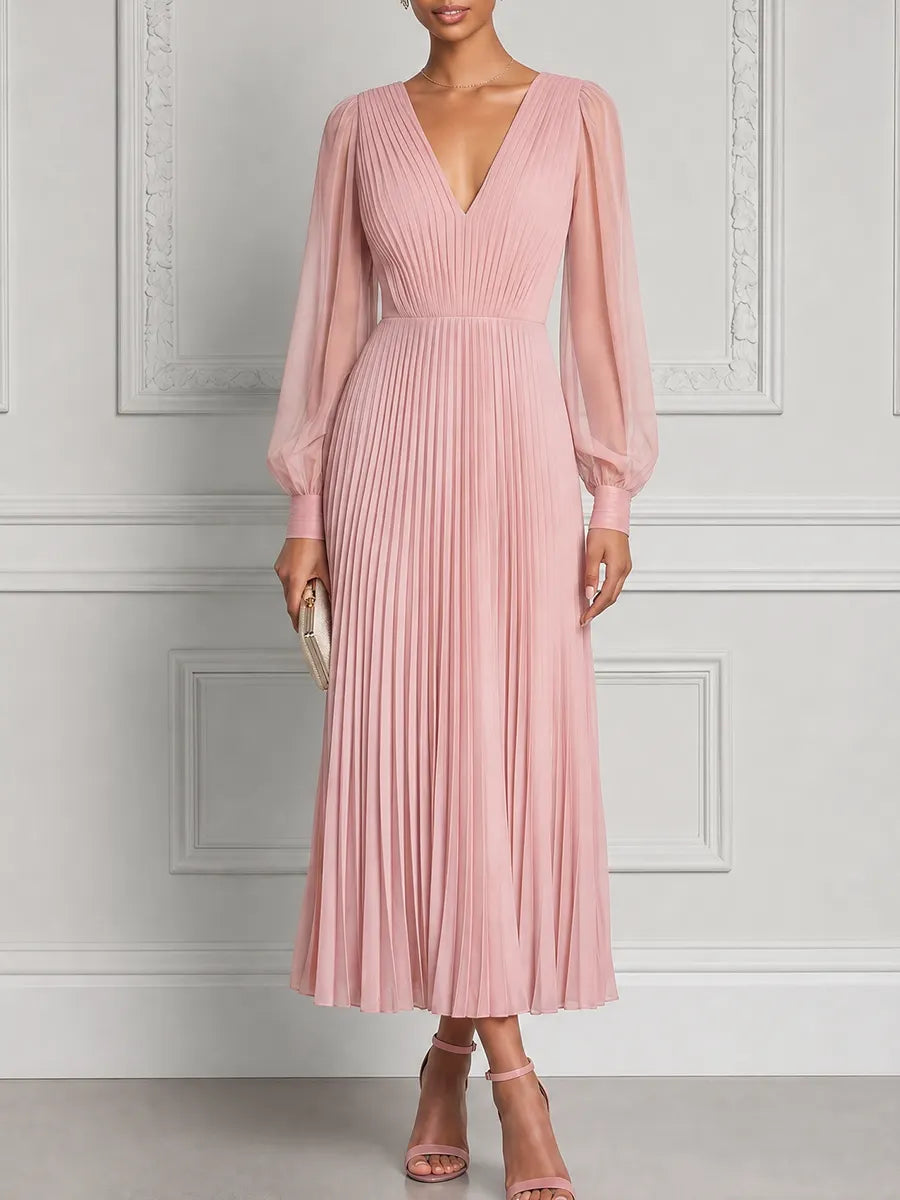 Pink Dress Fall Wedding Guest Dress Pleated Chiffon Maxi Dress