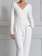 White Stockholm Style Ribbed Knit Wrap Top & Wide Leg Pants Set