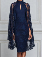 Navy Lace High Neck Keyhole Pencil Dress