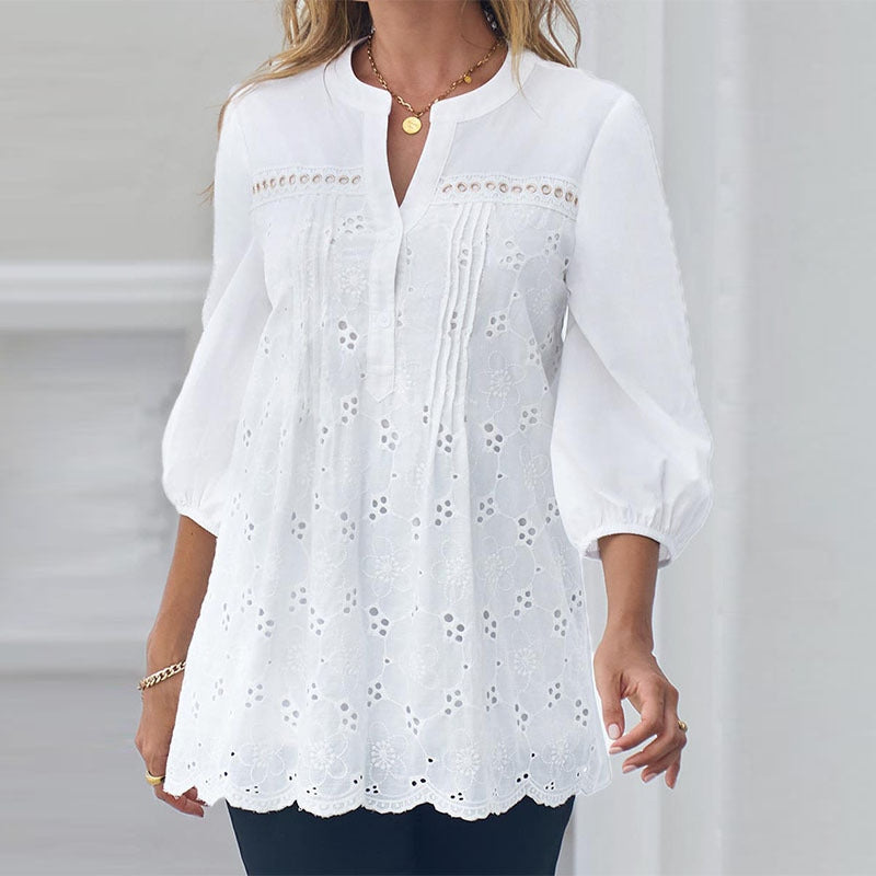 Women's Lace Openwork Lantern Sleeve Blouse