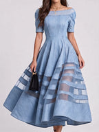 Women's Round-neck Short-sleeve Casual Loose-fit Denim-paneled Dress