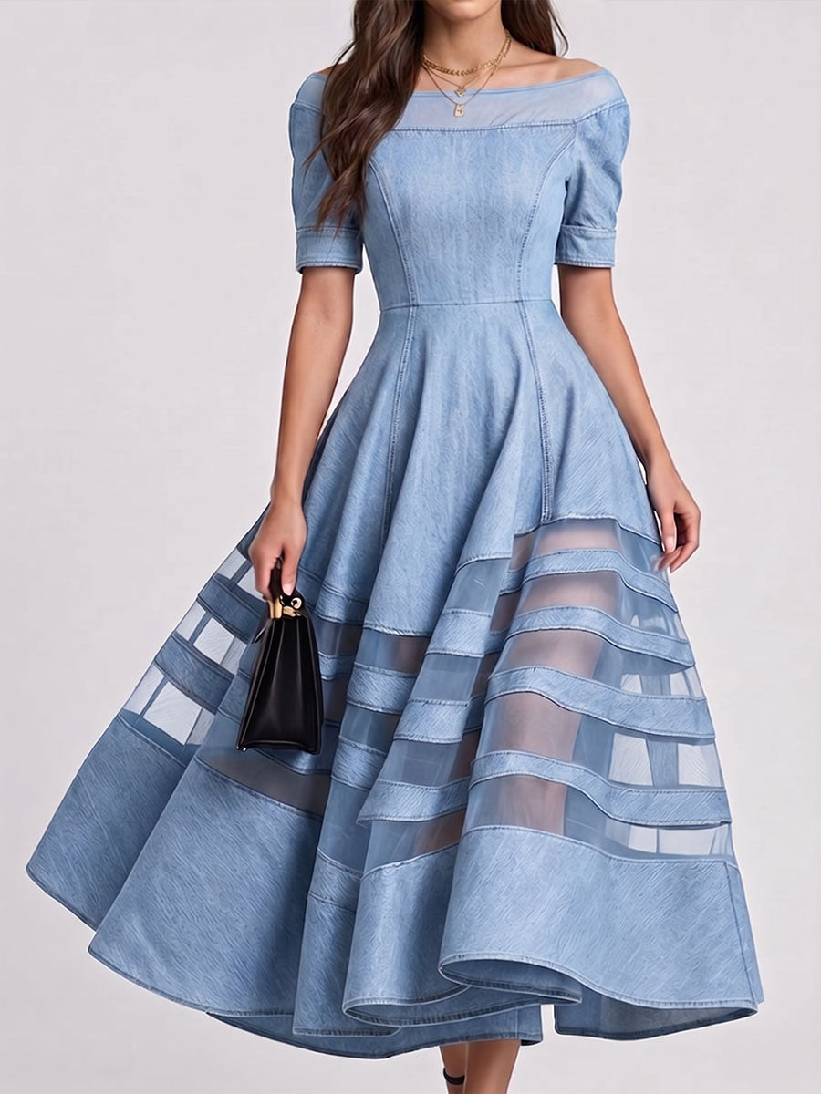 Women's Round-neck Short-sleeve Casual Loose-fit Denim-paneled Dress