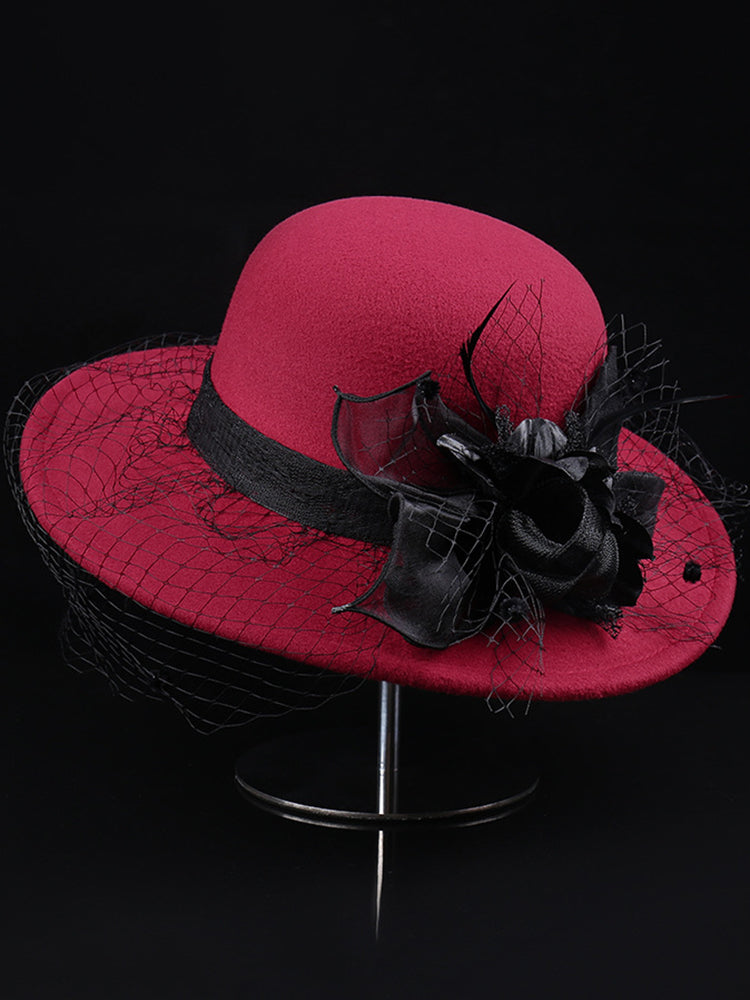 French Retro Mesh Floral Woolen Hatm