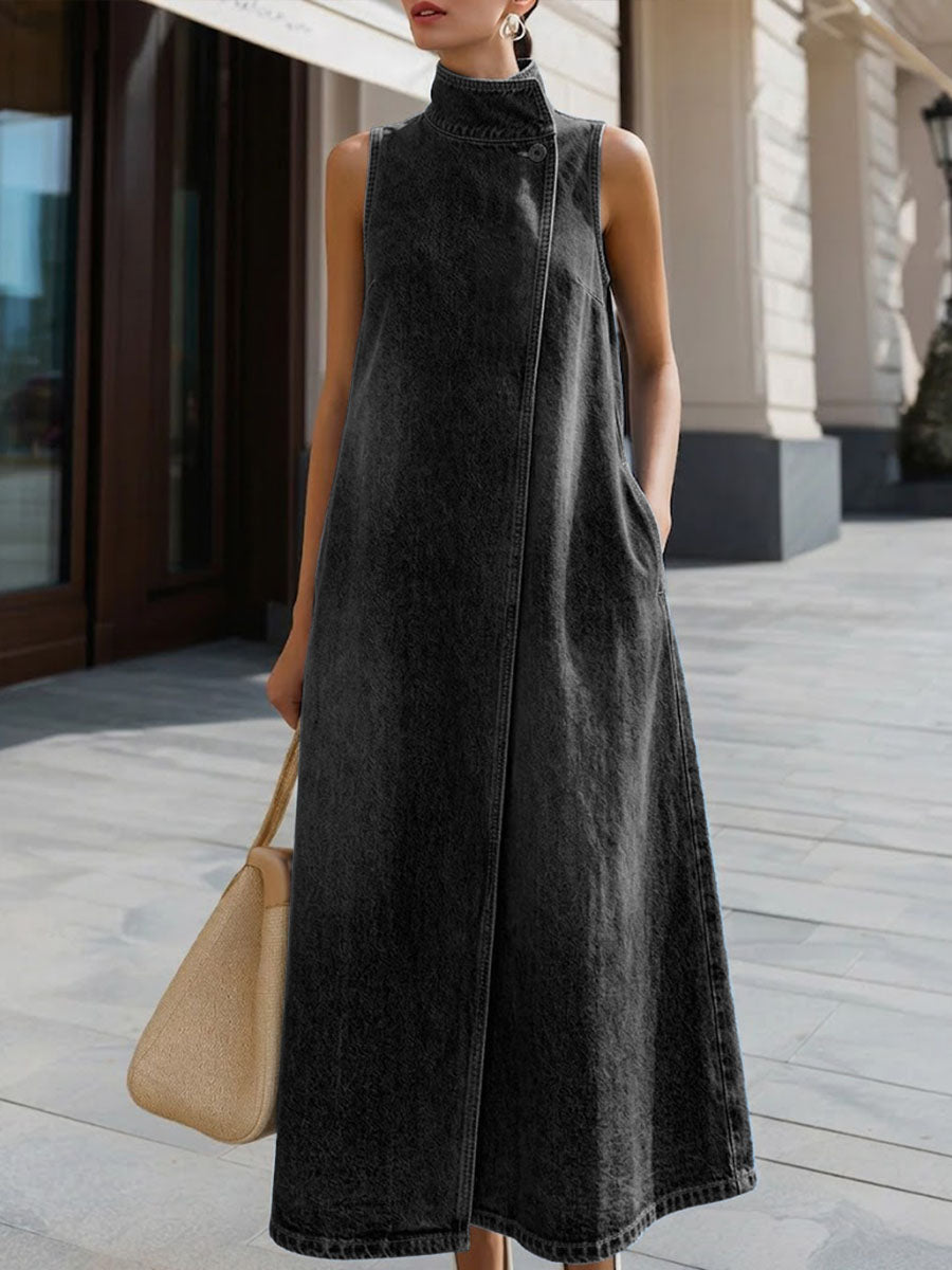 Women's Stand-collar Sleeveless Loose-fit Casual Denim Dress