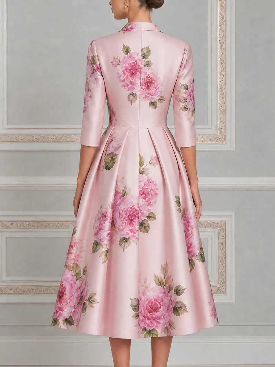 Pink Watercolor Peony Print Notched Lapel Pleated A-Line Midi Dress