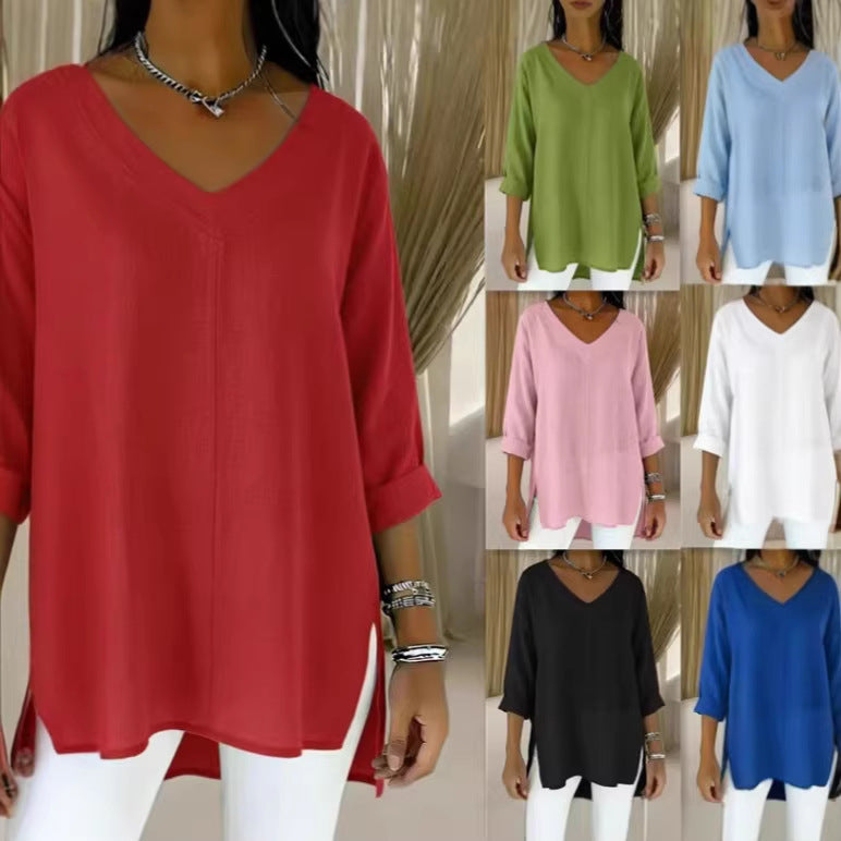 Casual Women's Fashion Solid-Color V-Neck Loose-Fit Top