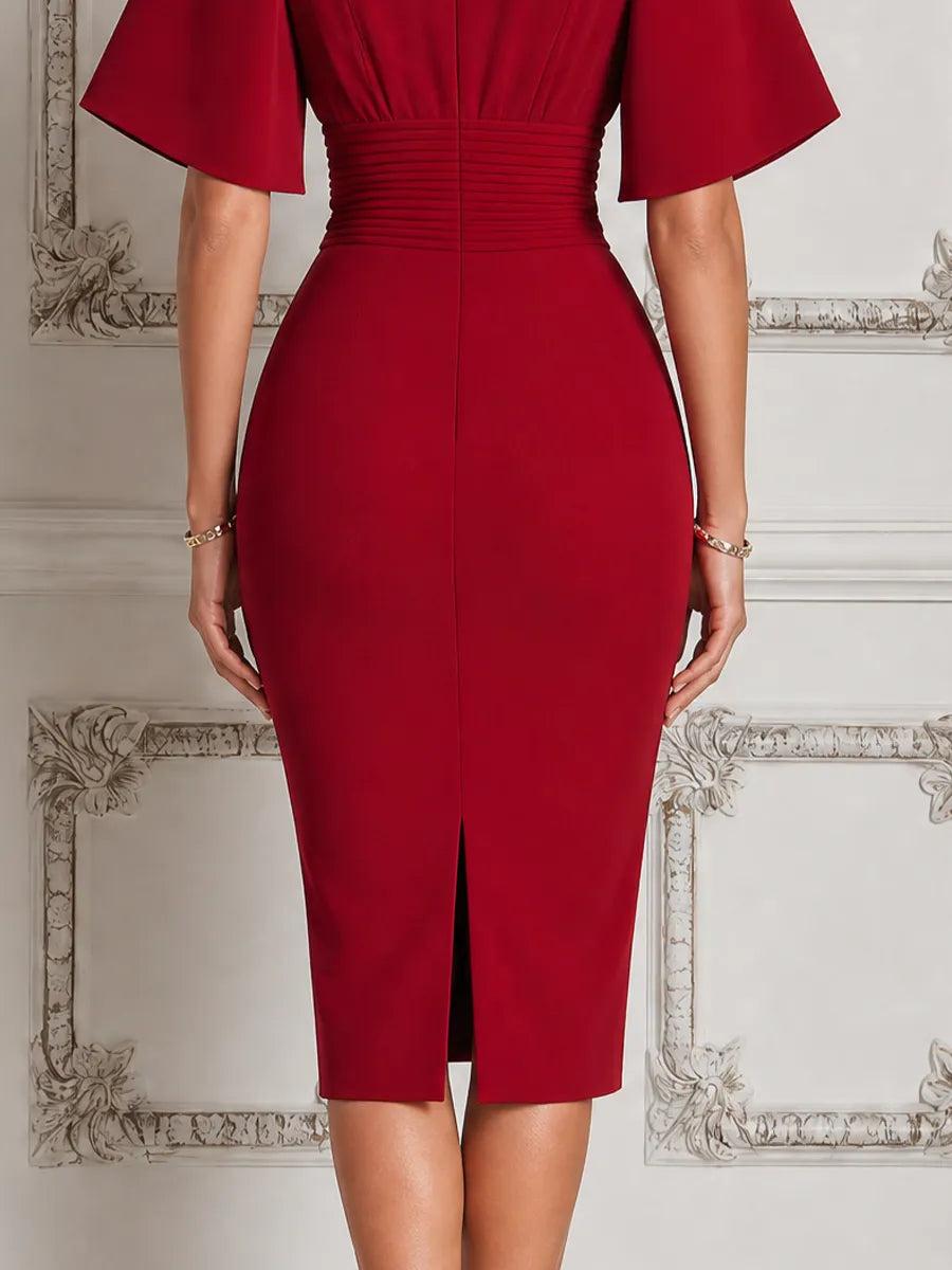Red Dress Fall Wedding Guest Dress Pleated Waist Pencil Midi Dress