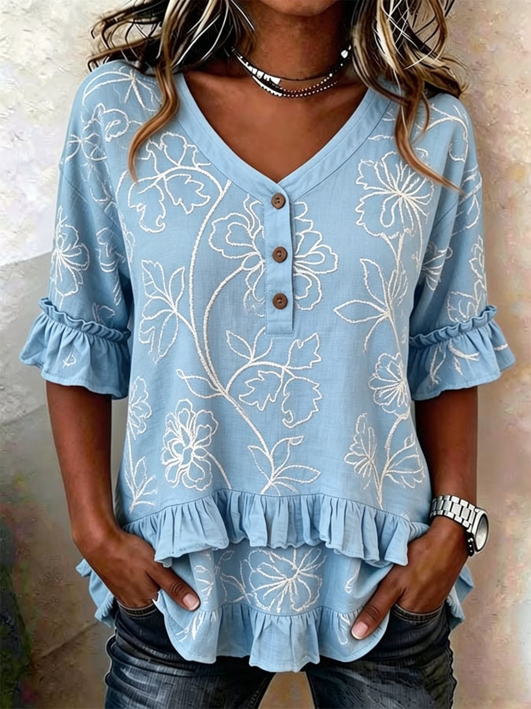 Retro Floral Embroidered Ruffled V-neck Blouse